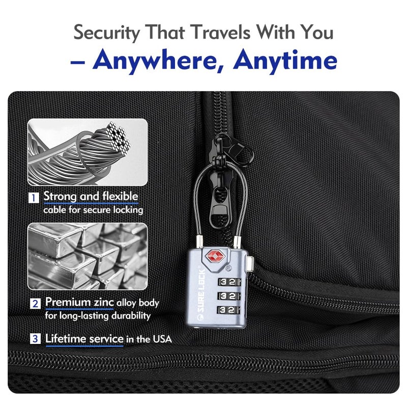 SURE LOCK أقفال حقائب السفر بترخيص TSA من SURE LOCK مع مؤشر تنبيه الفتح - أقفال سفر متينة من سبيكة الزنك مع قرص كبير سهل القراءة للحقائب والحقائب الرياضية (رمادي 4 عبوات) - Image 3